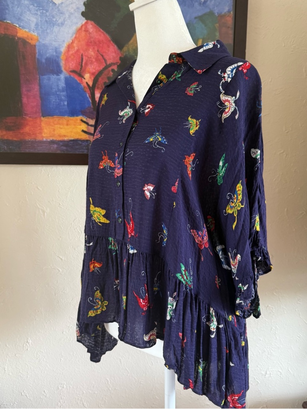 Anthropologie Maeve Navy Butterfly Print Button-down Peplum Blouse - Picture 7 of 9